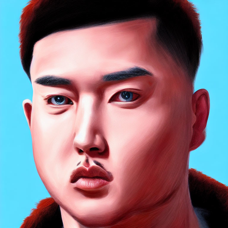 Asian man with neutral expression, prominent eyes, thick eyebrows, clean haircut on blue background