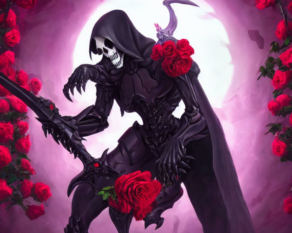 Skeleton in Dark Cloak with Scythe Surrounded by Red Roses under Full Moon