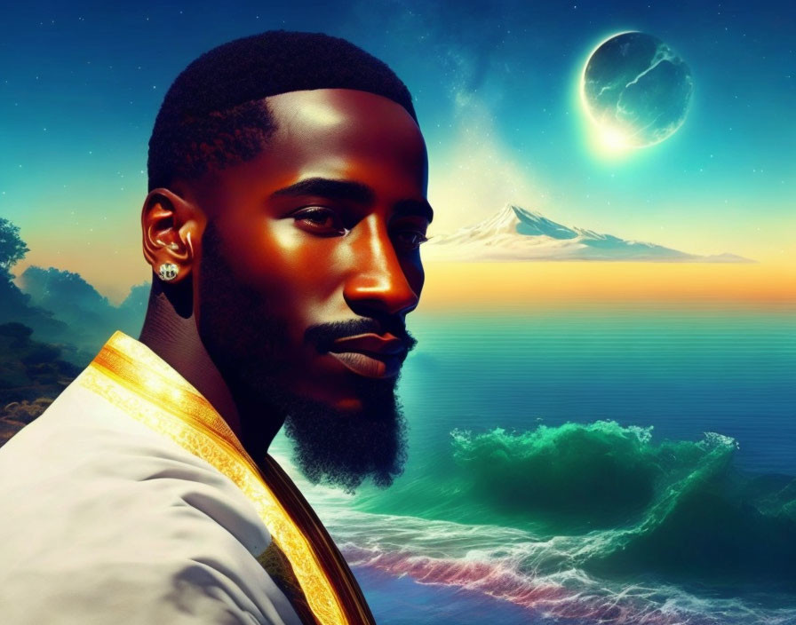 Stylized portrait of a bearded man with moon, ocean, and mountain backdrop