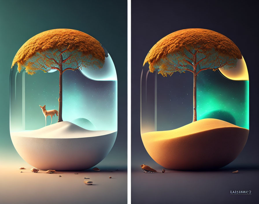 Surreal image: glass sphere, golden tree, deer on snowy mound, starry sky