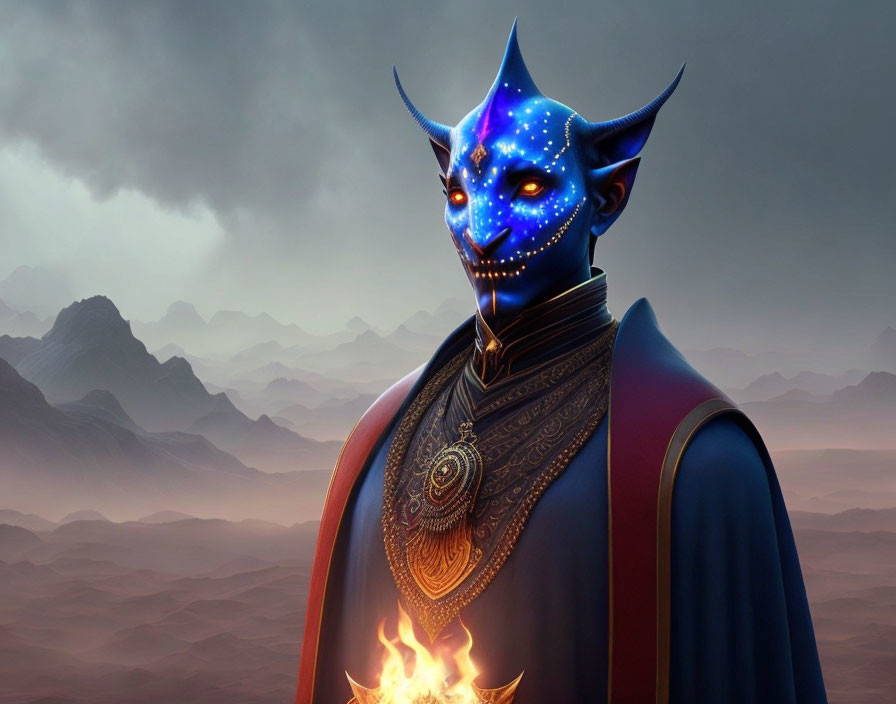 Blue-skinned figure with horns in mystical mountain landscape holding flame