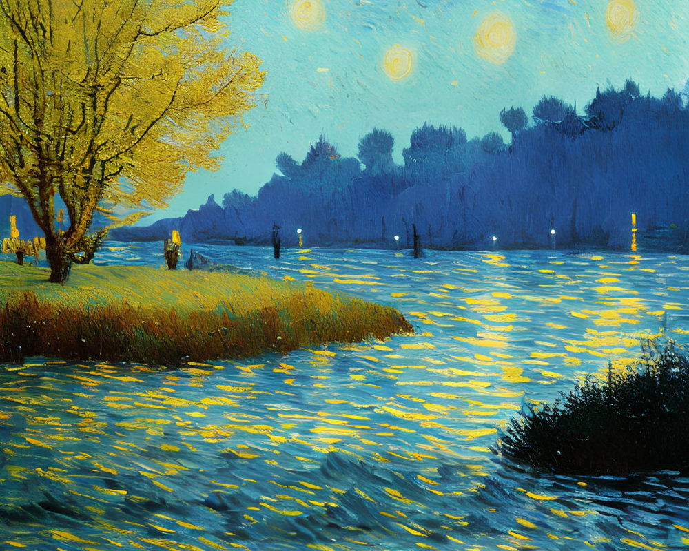 Impressionist painting of starry night over river with glowing yellow tree