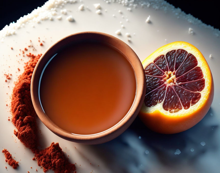 Ceramic bowl of liquid with halved blood orange and zest on reflective surface