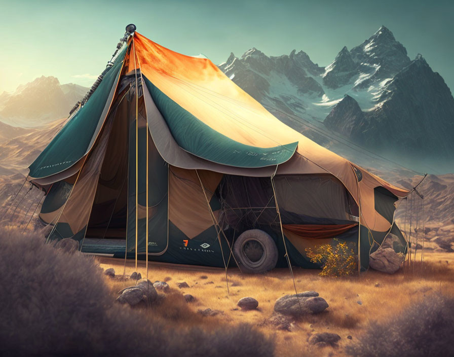 Spacious camping tent in serene desert with mountains and glowing sky