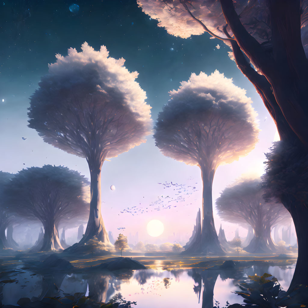 Majestic twilight landscape with tall trees, serene water, and celestial sky.