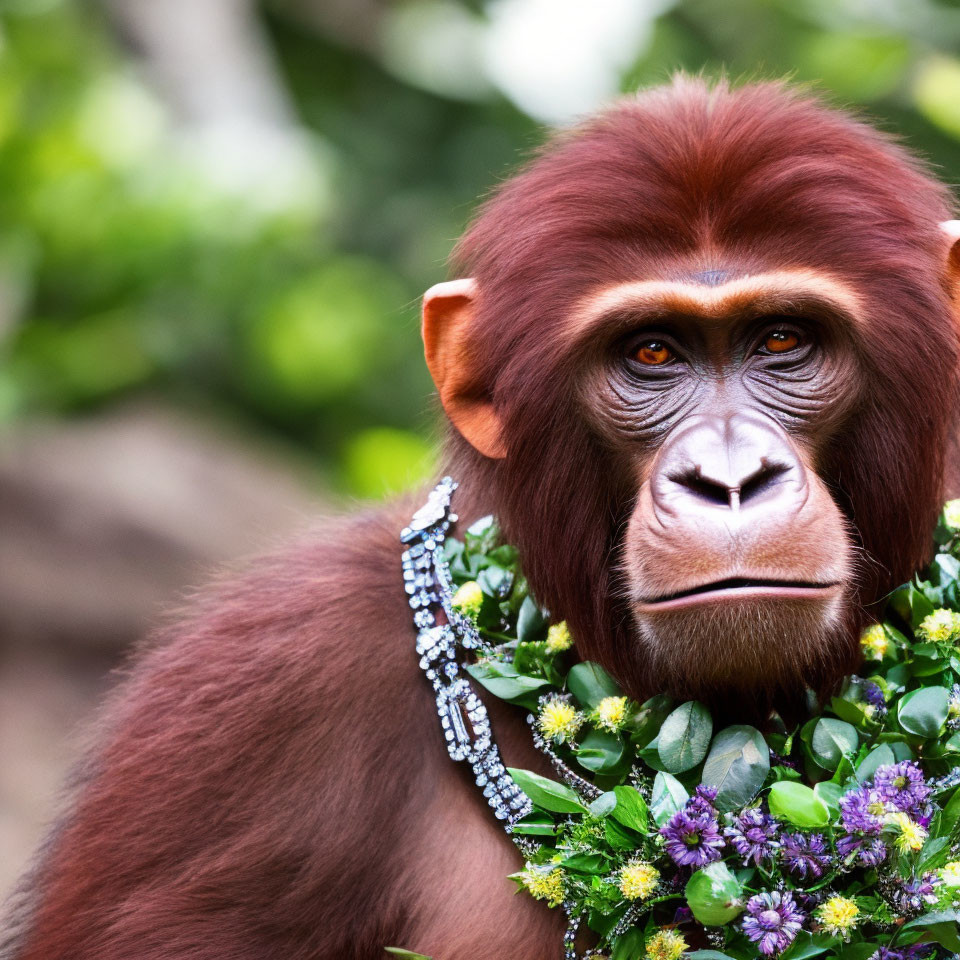 Brown monkey with thoughtful expression in floral necklace and diamond-like jewelry