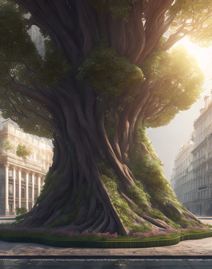 Large tree with lush green canopy in urban square with elegant buildings