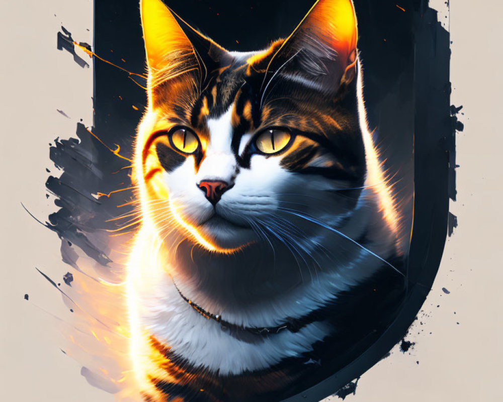 Calico Cat Digital Artwork with Yellow Eyes on Abstract Dark Background