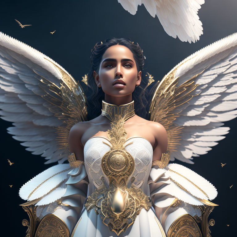 Golden-eyed ethereal being in ornate gold and white armor with large white wings, surrounded by lumin