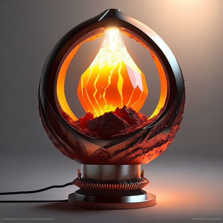 Conceptual art: lava-filled terrarium with oversized glowing lightbulb in subdued backdrop