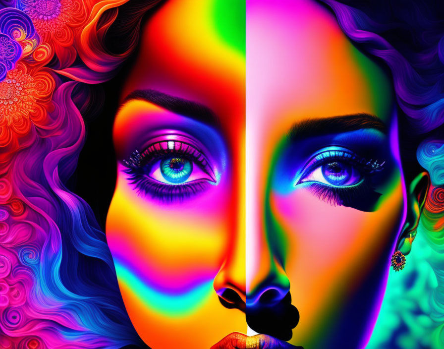 Colorful Split-Face Portrait: Natural Tones vs. Psychedelic Hues