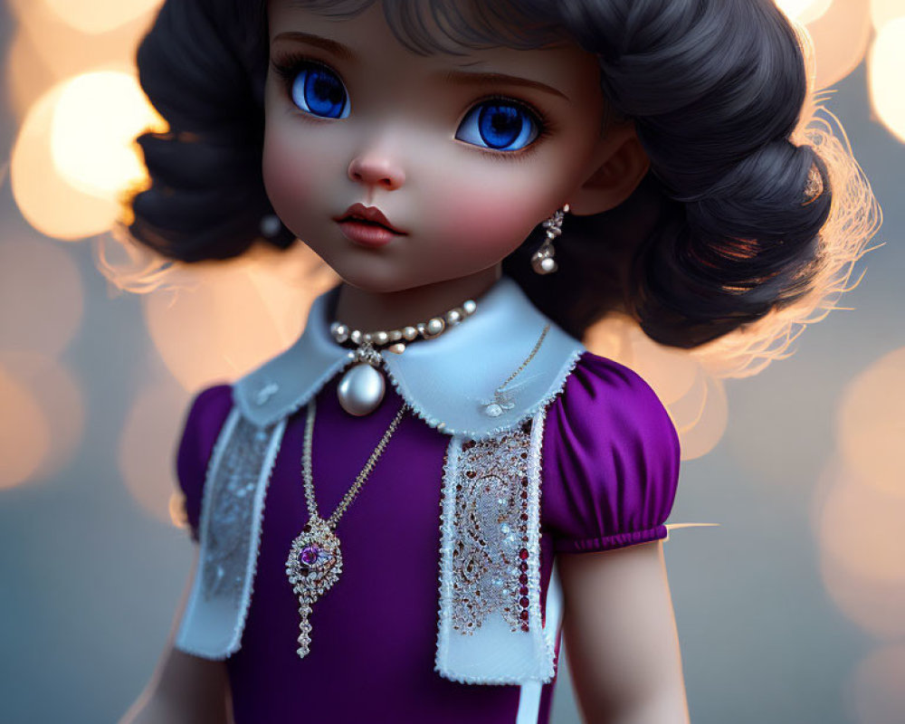 Doll with Blue Eyes, Curly Hair, Purple Dress, Pearls, Lace on Bokeh