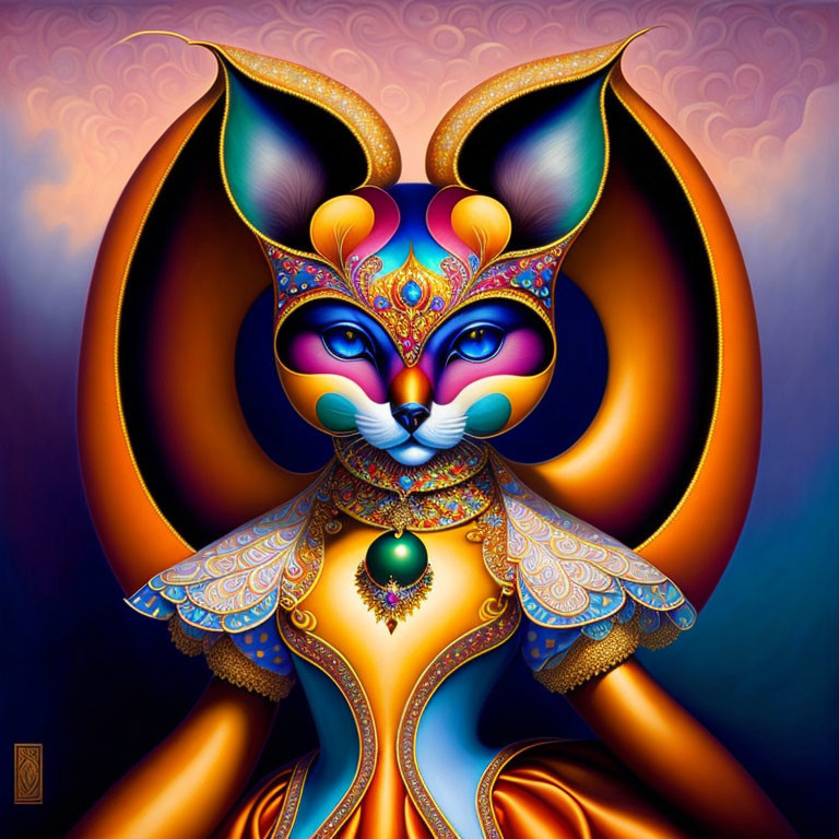 Colorful anthropomorphic cat illustration with intricate patterns and mystical details