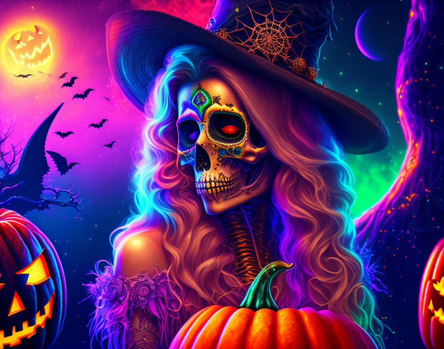 Colorful Skeleton in Day of the Dead Makeup with Halloween Theme