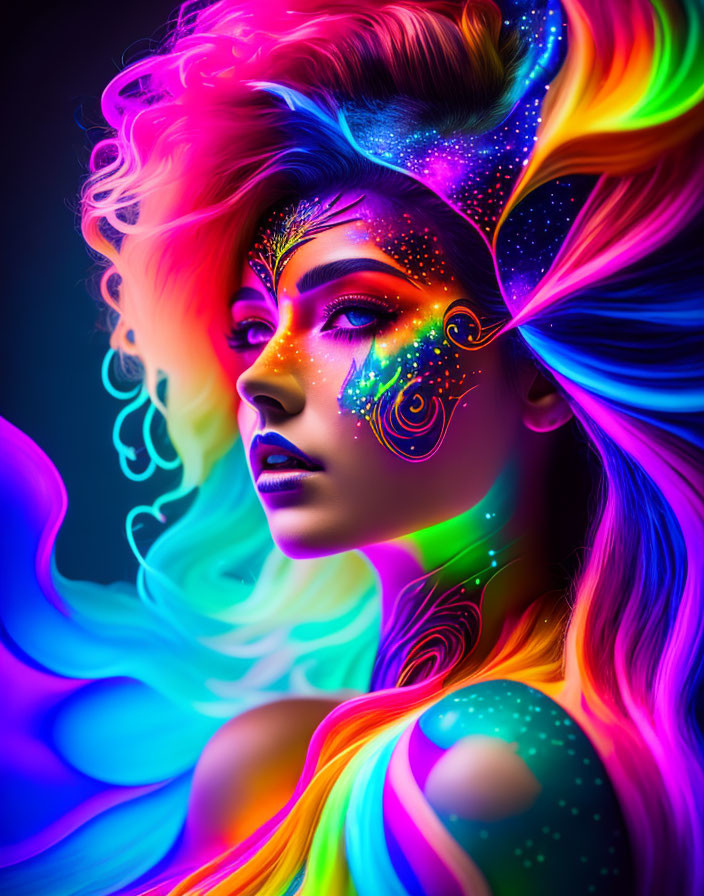 Vibrant Rainbow-Colored Makeup and Hair on Woman Against Colorful Background