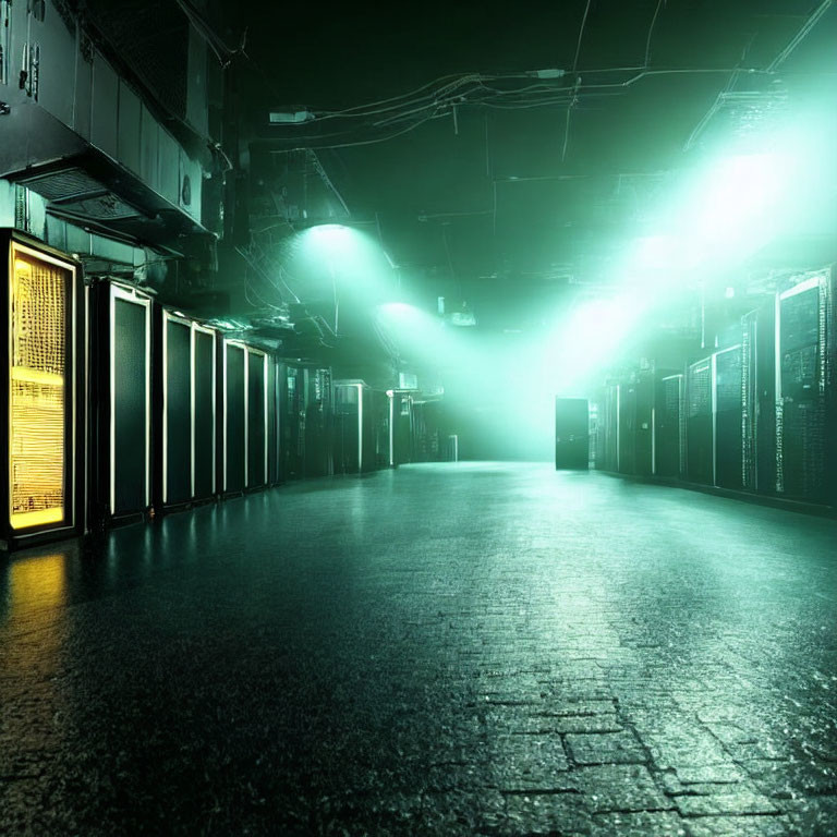 Modern data center with green-lit server racks