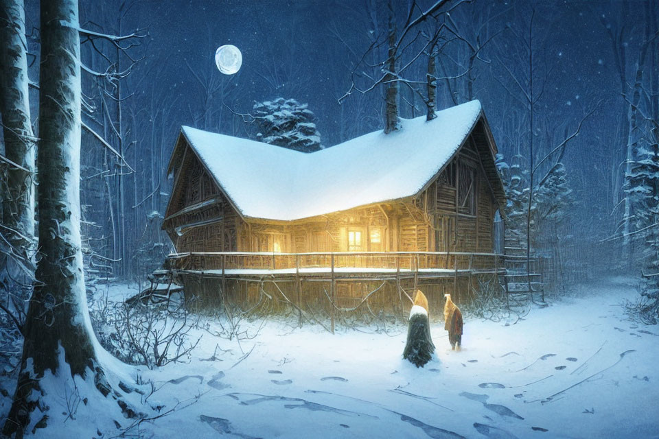 Snowy forest scene: Cozy wooden cabin under full moon