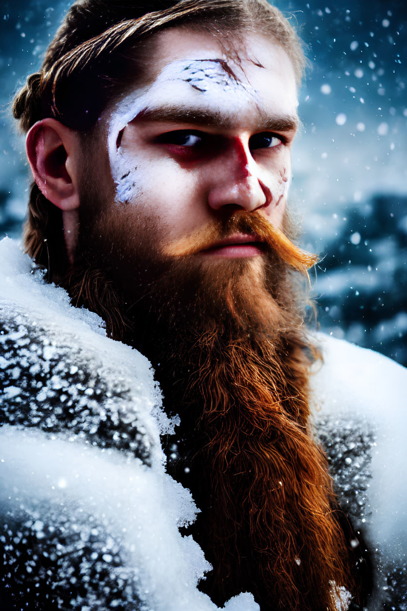 Bearded man with tribal face paint in snow portrait