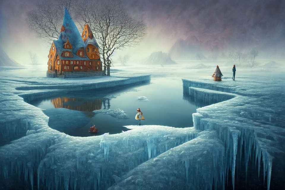 Fantasy winter scene with ice-covered pond, ducks, whimsical house, misty trees