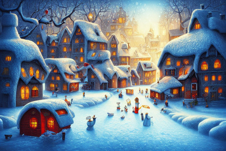 Snowy evening scene in a quaint village with snow-covered roofs and warmly lit windows