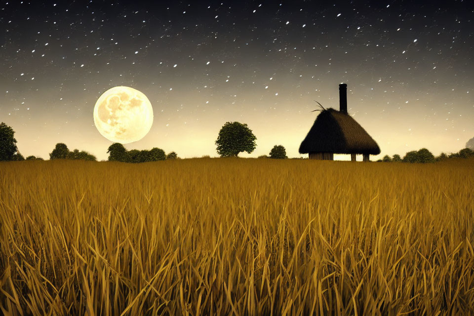 Thatched-Roof Cottage in Golden Wheat Field Under Starry Night Sky