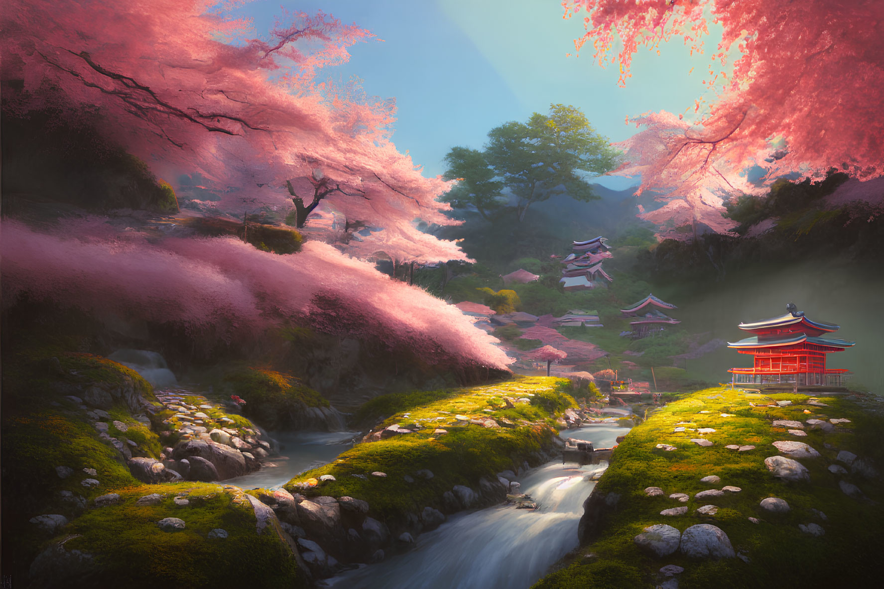 Tranquil Japanese landscape with cherry blossoms, stream, and traditional architecture