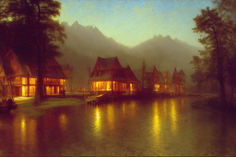 Twilight scene: Luminous cabins by serene lake with misty mountain backdrop