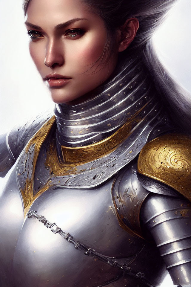 Female warrior digital art portrait with silver and gold armor and focused expression