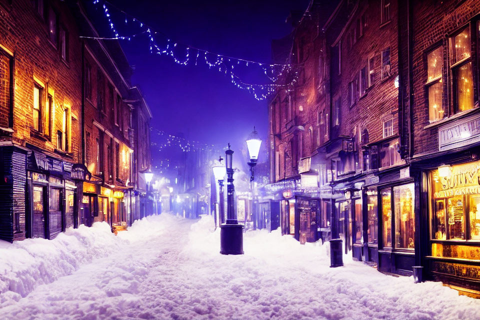 Snow-covered night street with lampposts and festive lights