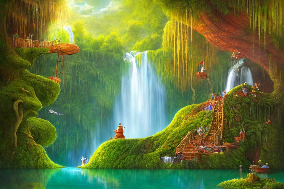 Fantastical landscape with lush greenery and waterfalls