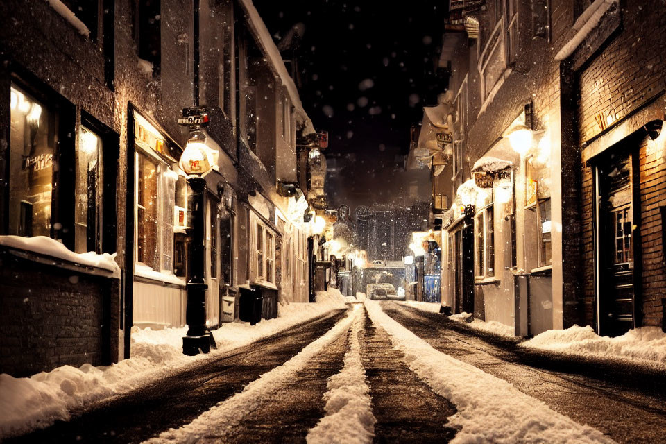 Snowy Evening Scene: Quaint Street with Illuminated Shopfronts