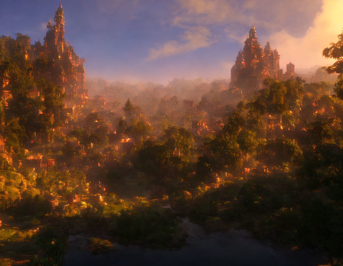 Ethereal forest scene: ancient temples, serene river at sunset