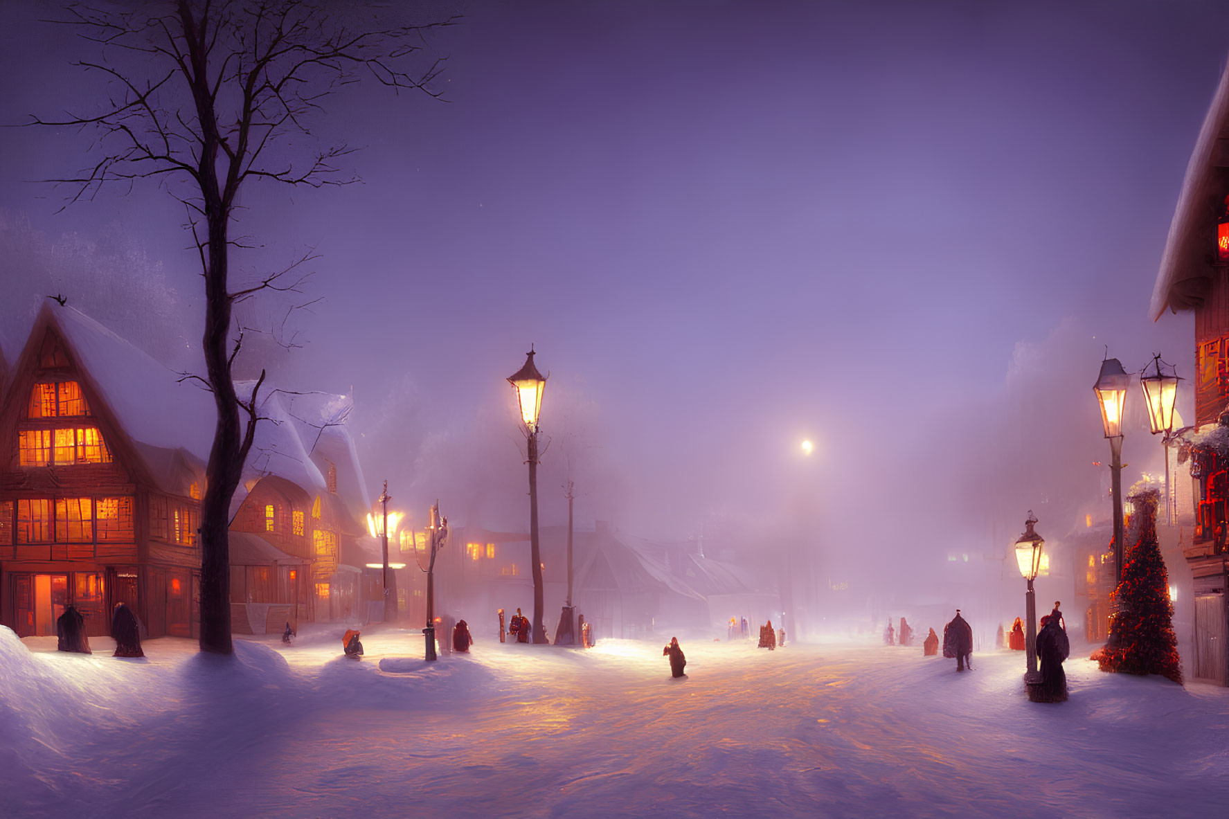 Snowy village street with lit-up houses and old-fashioned street lamps at dusk