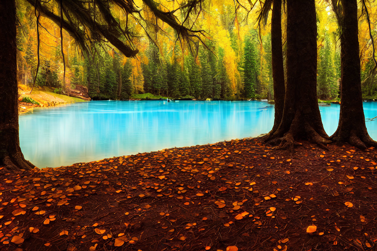 Vibrant Autumn Forest Scene with Turquoise Lake Reflections