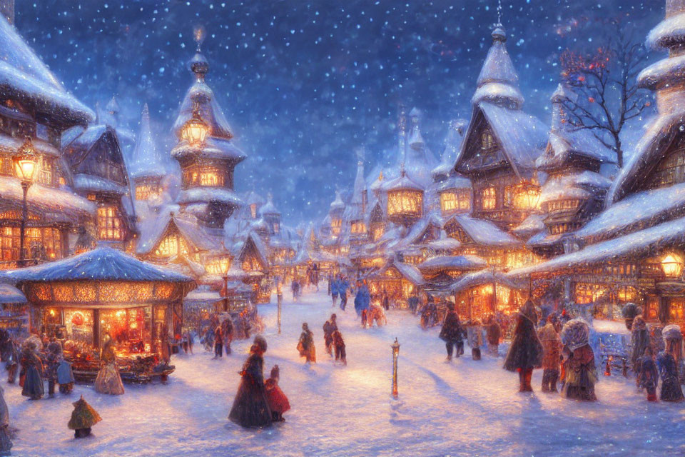 Snow-covered village holiday market with illuminated stalls and period attire shoppers.