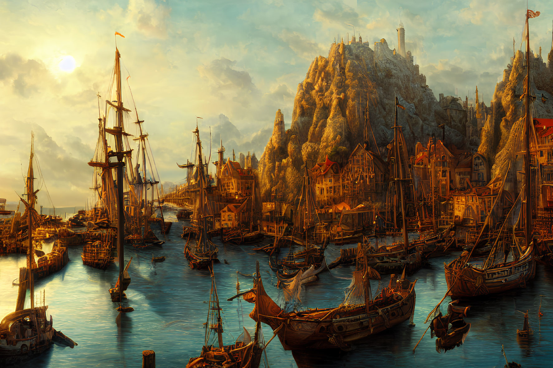 Fantasy harbor with ships, cliffs, and castles at sunset