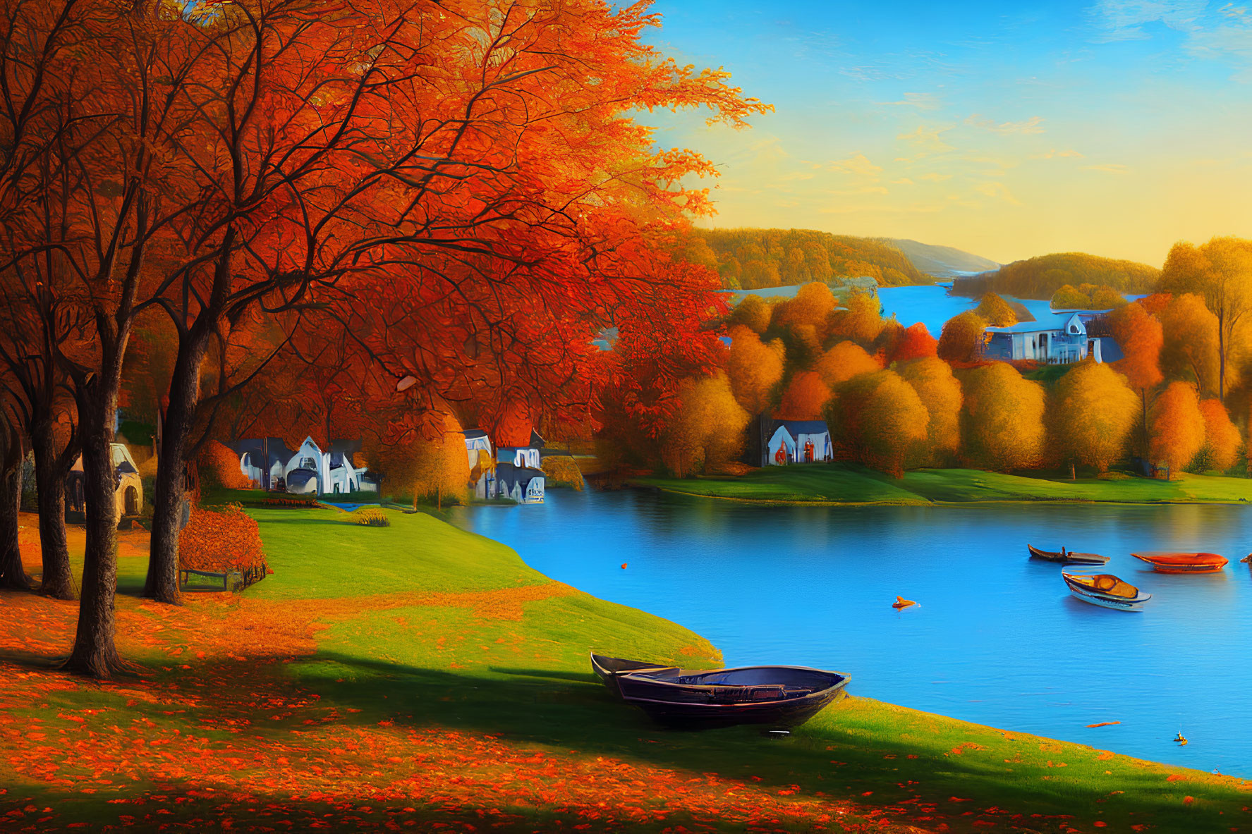 Scenic Autumn Landscape with Foliage, Lake, Boats & Houses