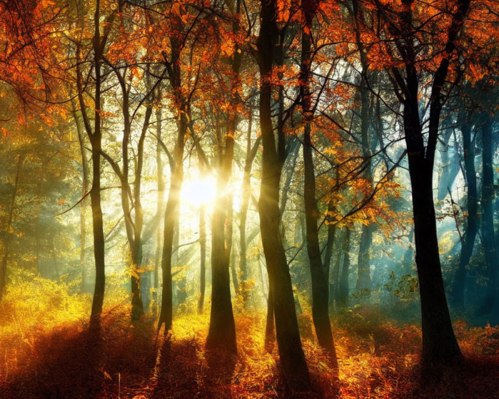 Autumn forest scene with sunlight filtering through golden leaves