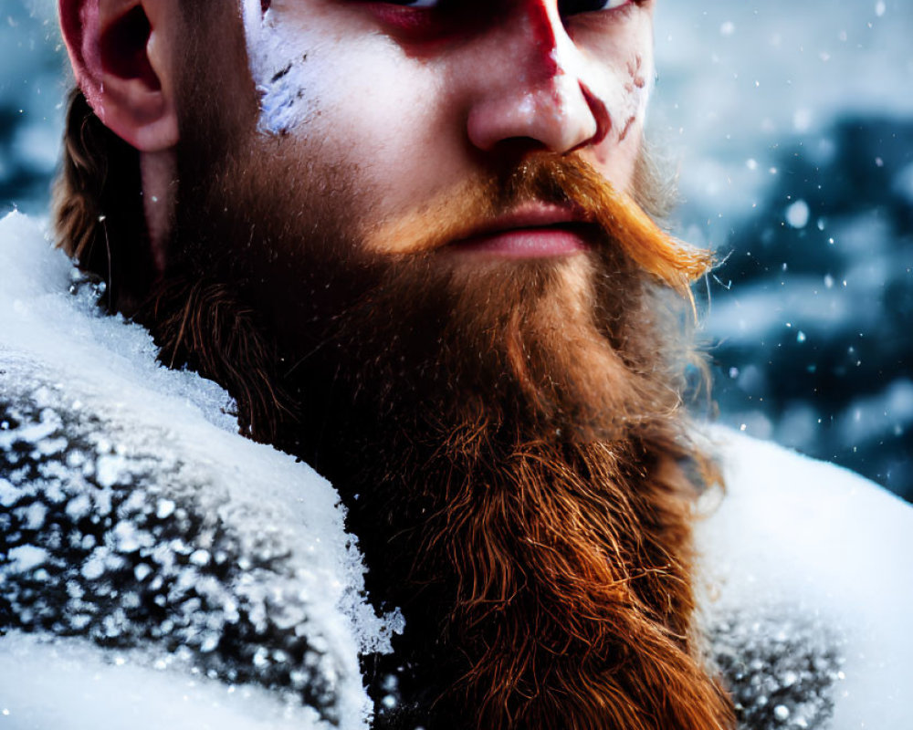 Bearded man with tribal face paint in snow portrait