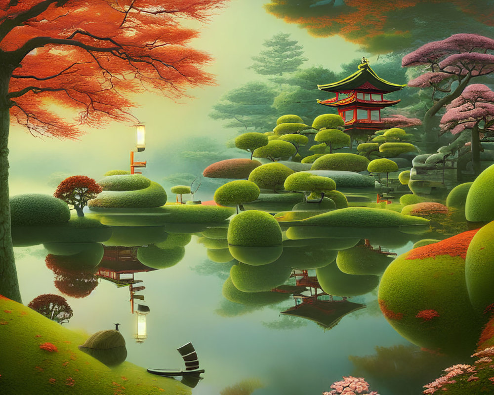 Tranquil Japanese garden with red pagoda, autumn trees, and serene pond