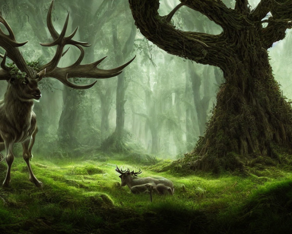 Enchanted forest scene with mystical tree and deer in foggy setting