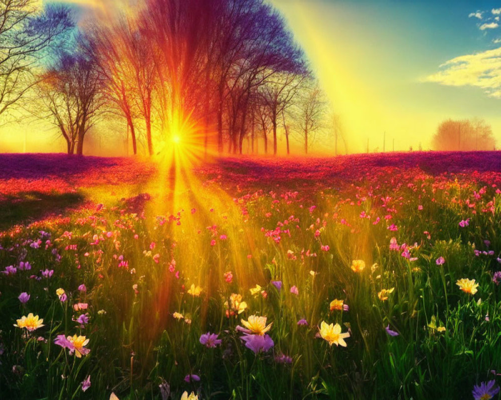 Vibrant flower field at sunset with golden hues and radiant sunlight