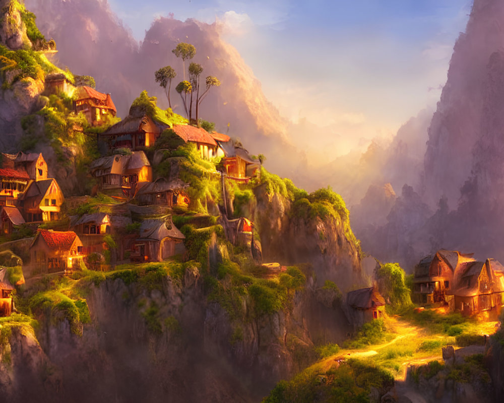 Scenic village on sunlit mountain slopes with cozy houses among trees