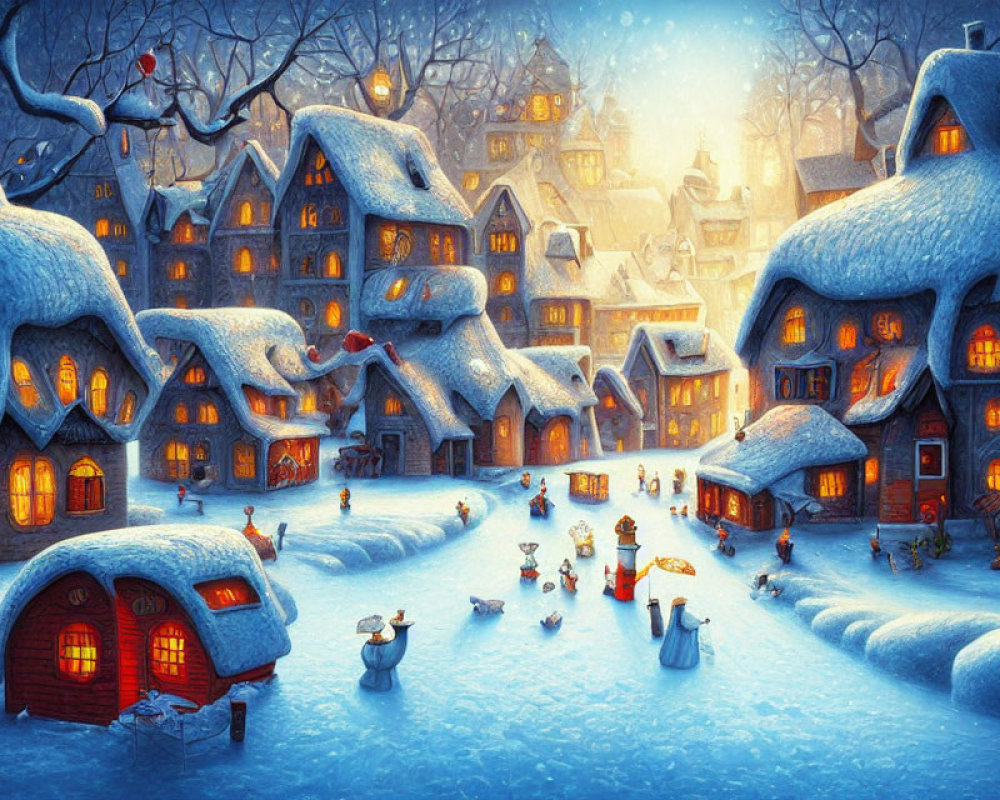 Snowy evening scene in a quaint village with snow-covered roofs and warmly lit windows