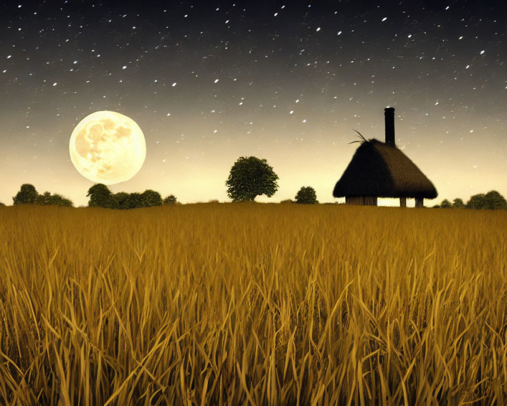 Thatched-Roof Cottage in Golden Wheat Field Under Starry Night Sky