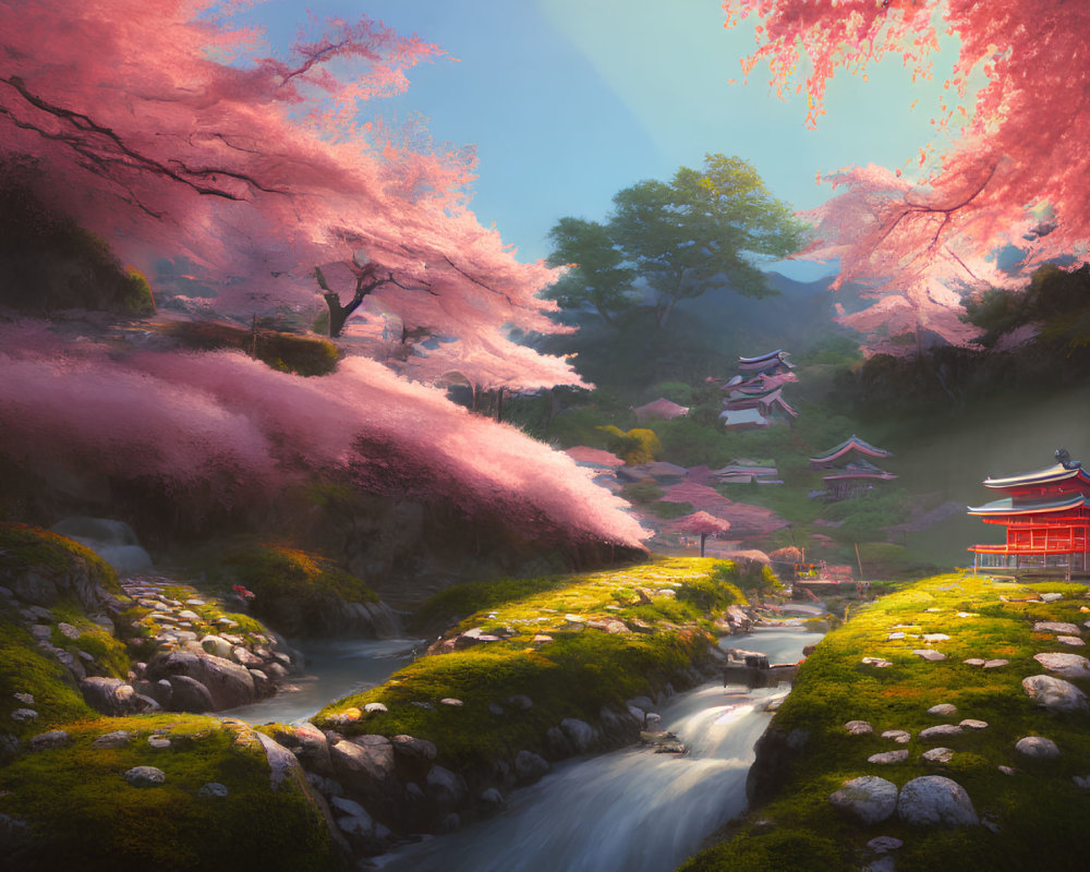 Tranquil Japanese landscape with cherry blossoms, stream, and traditional architecture