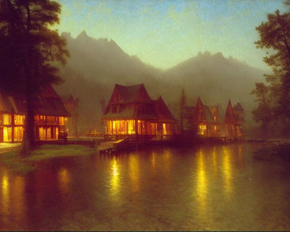 Twilight scene: Luminous cabins by serene lake with misty mountain backdrop