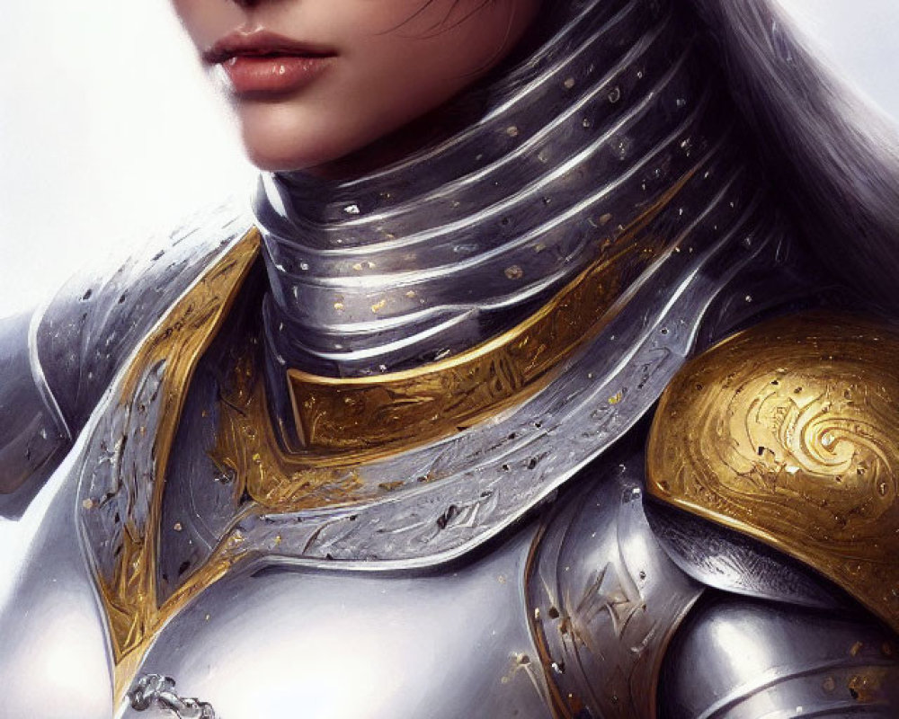 Female warrior digital art portrait with silver and gold armor and focused expression