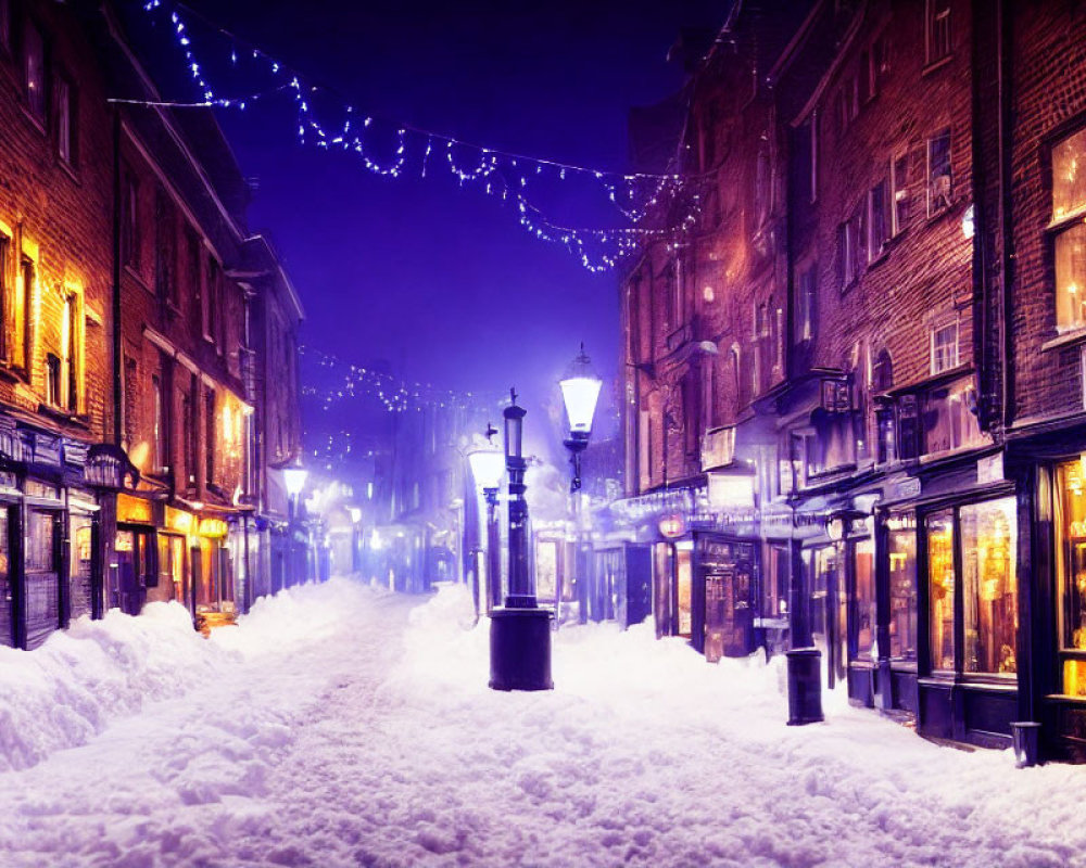 Snow-covered night street with lampposts and festive lights