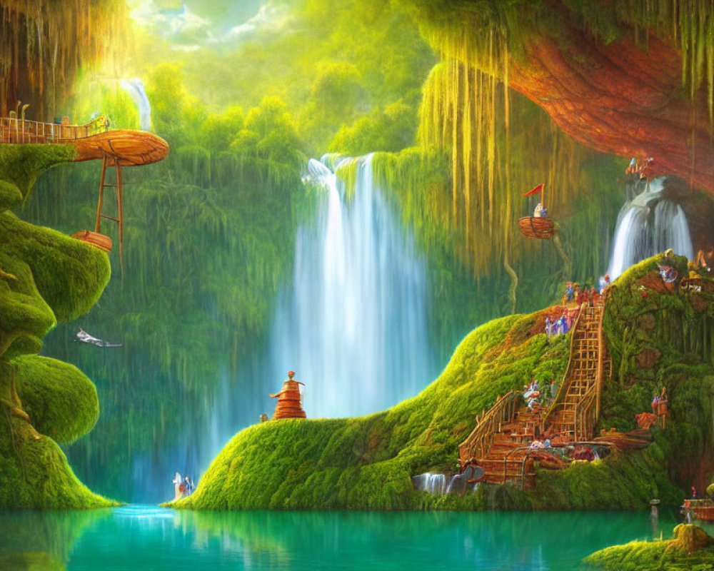 Fantastical landscape with lush greenery and waterfalls